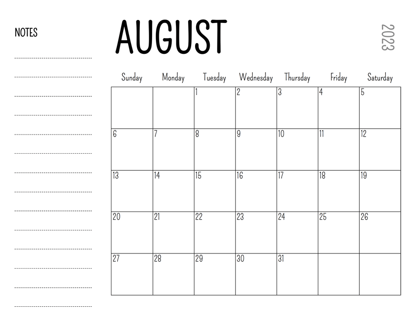 Editable August Calendar 2023