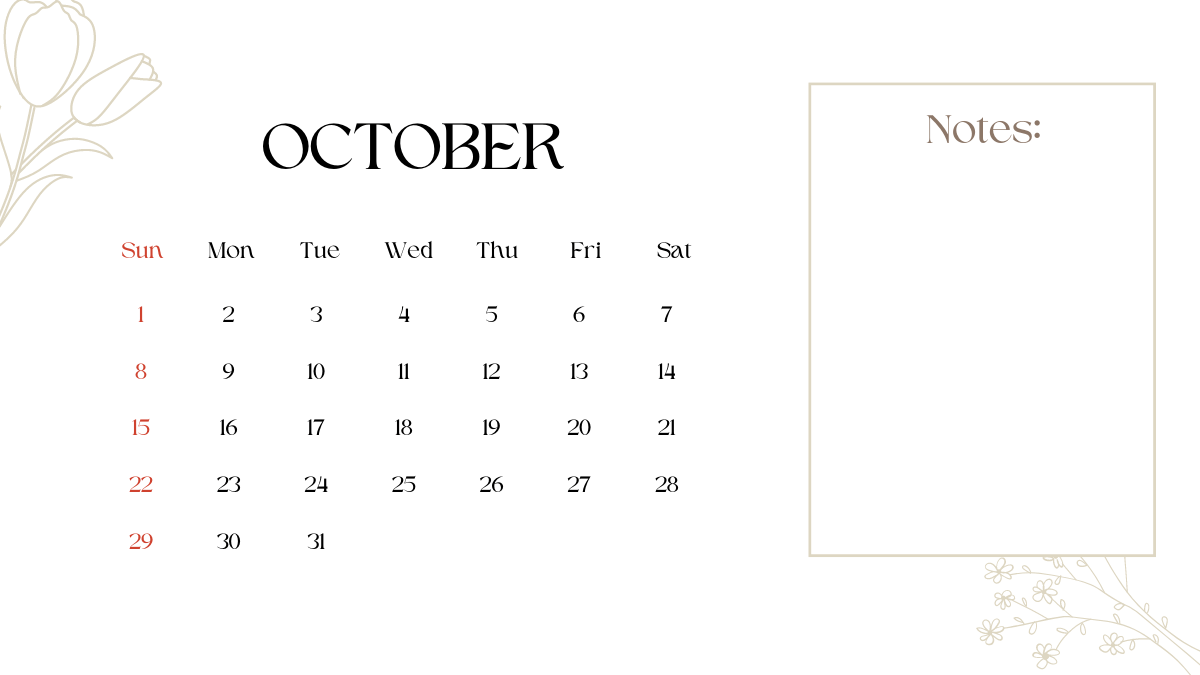 Floral October 2023 Calendar Printable