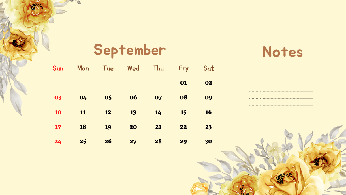 Floral September Calendar Wallpaper