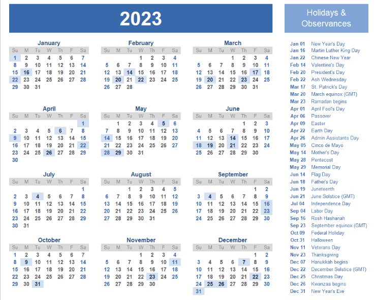 Free Monthly 2023 Holidays Calendar with Notes Large Space