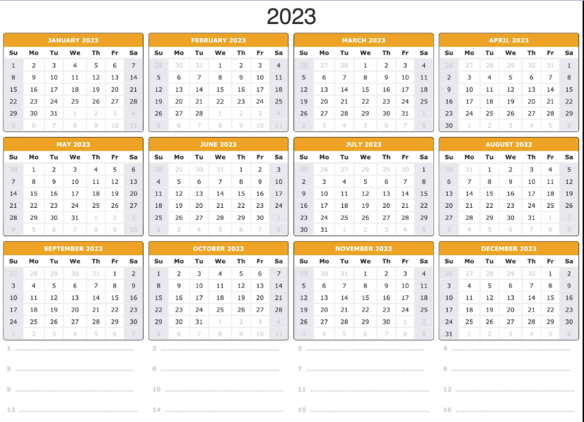 Free Monthly 2023 Holidays Calendar with Notes