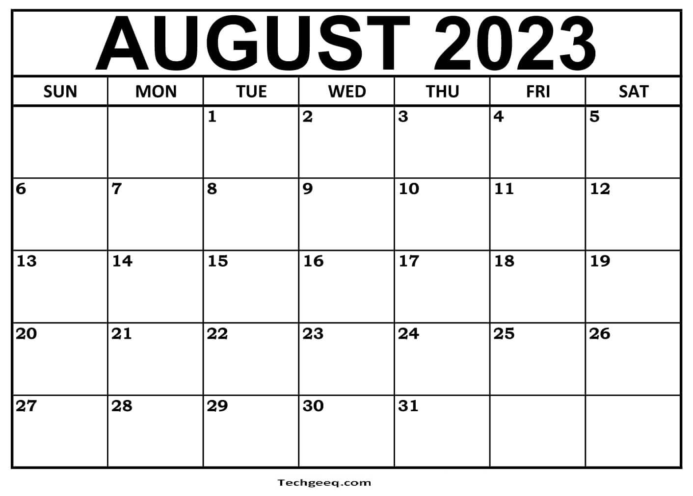 Free Printable August 2023 Blank Calendar