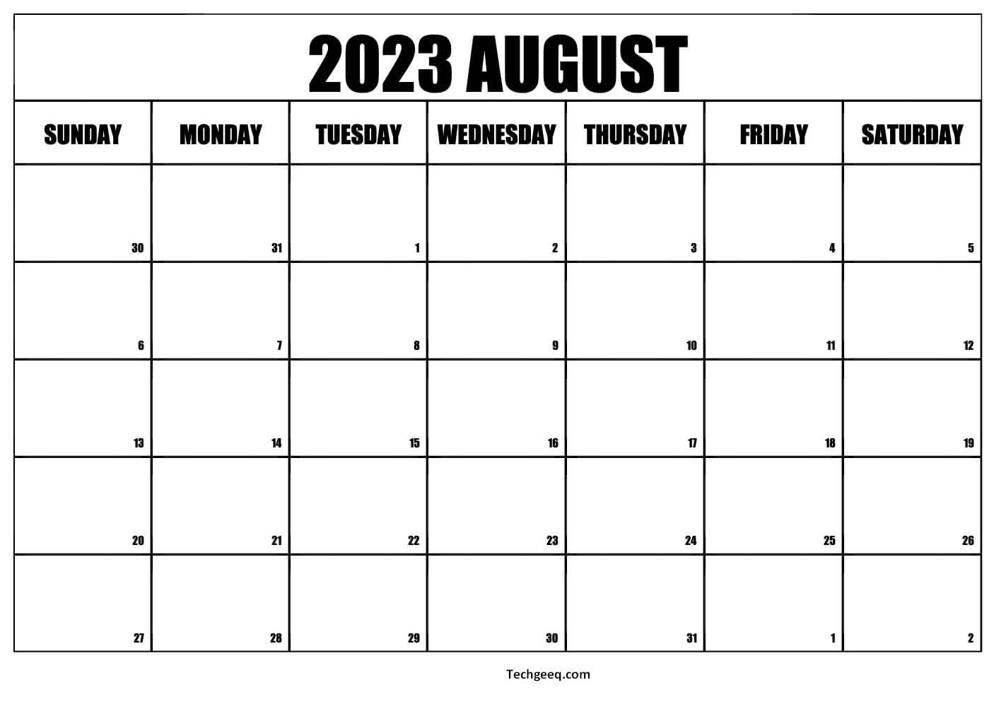 Free Printable August 2023 Calendar Blank