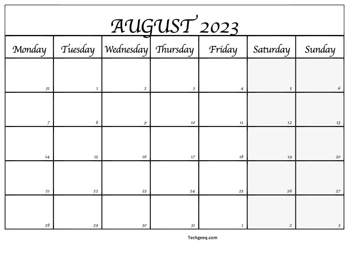 Free Printable August Blank Calendar