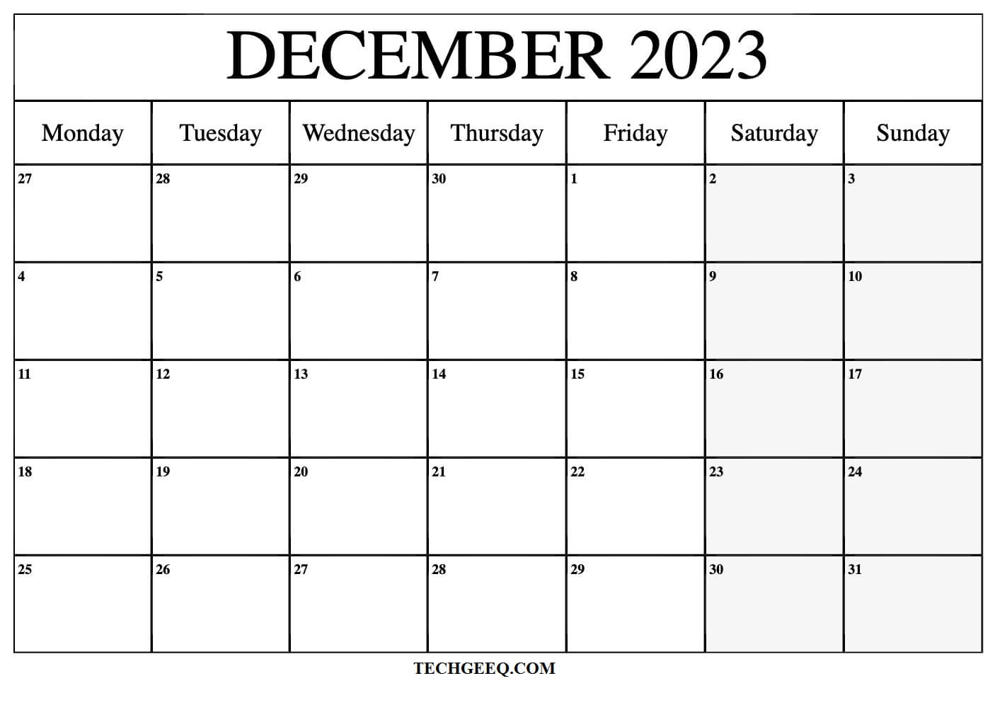 Free Printable December Calendar 2023