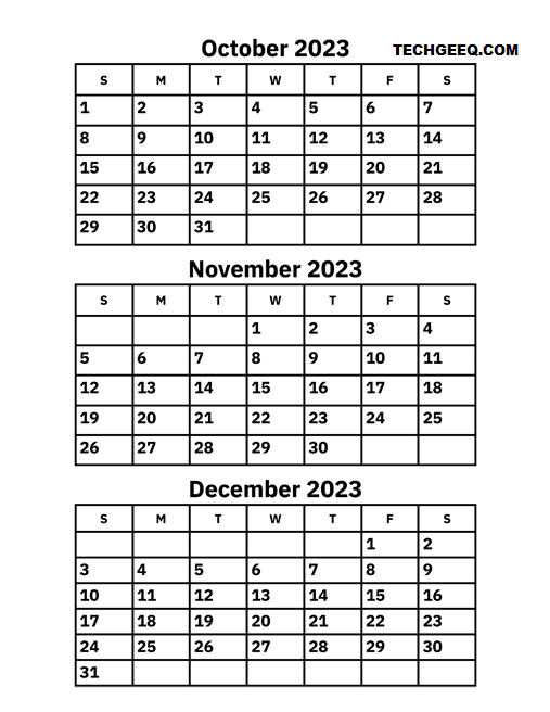 3 Month October November 2023 Calendar