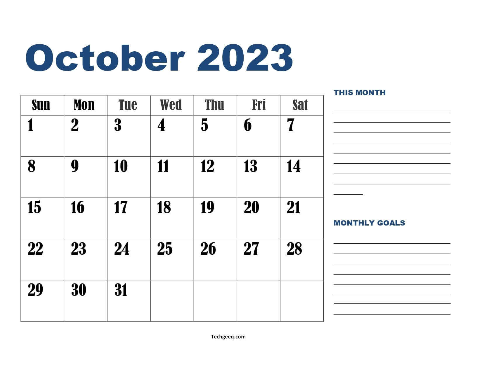 Landscape Blue October 2023 Calendar with Goals