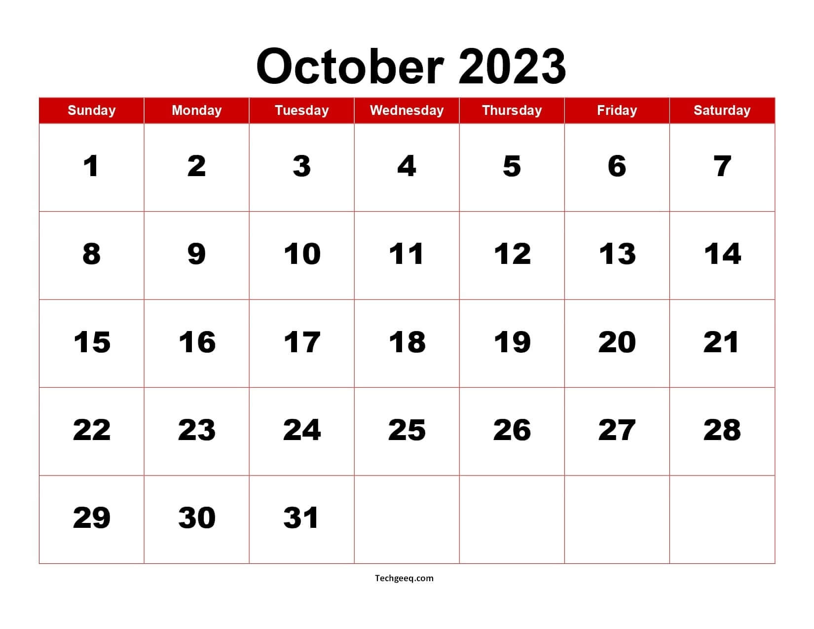 Monthly Blank Calendar October 2023