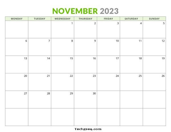 Monthly November 2023 Calendar Template