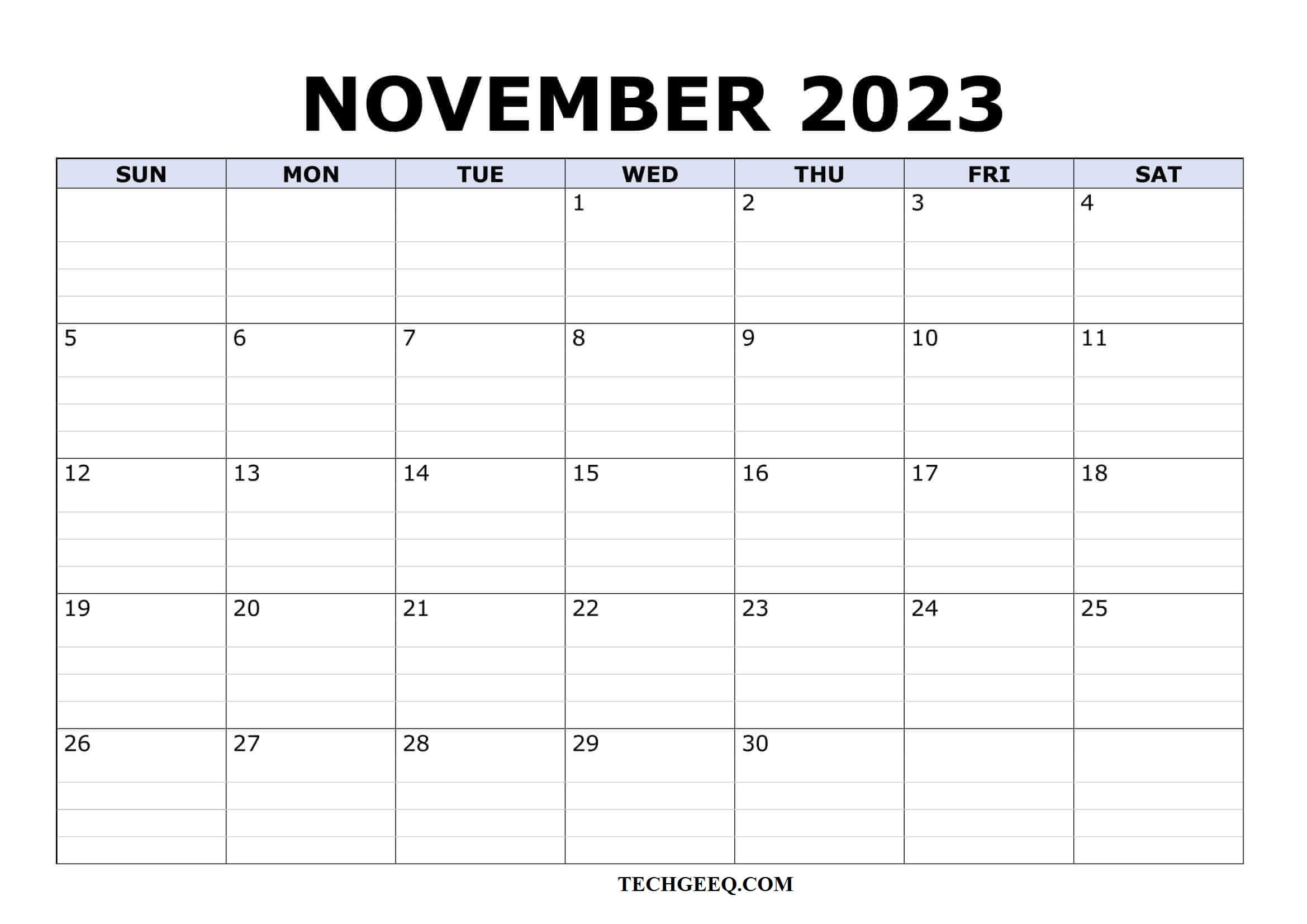November 2023 Blank Calendar Excel