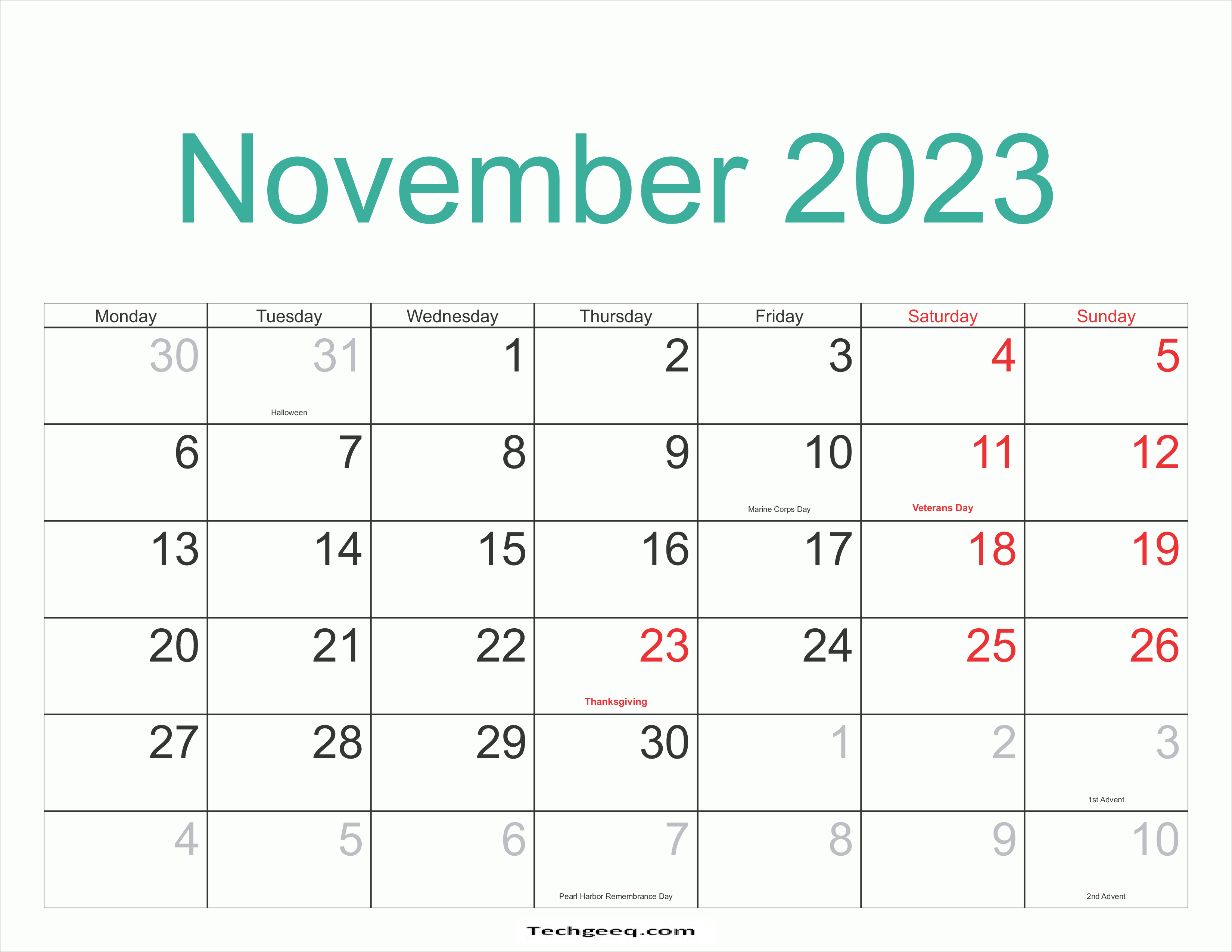 November 2023 Holidays Calendar