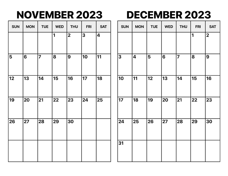 November and December 2023 Calendar