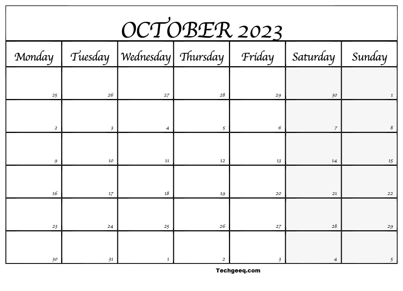 October 2023 Blank Calendar With Notes