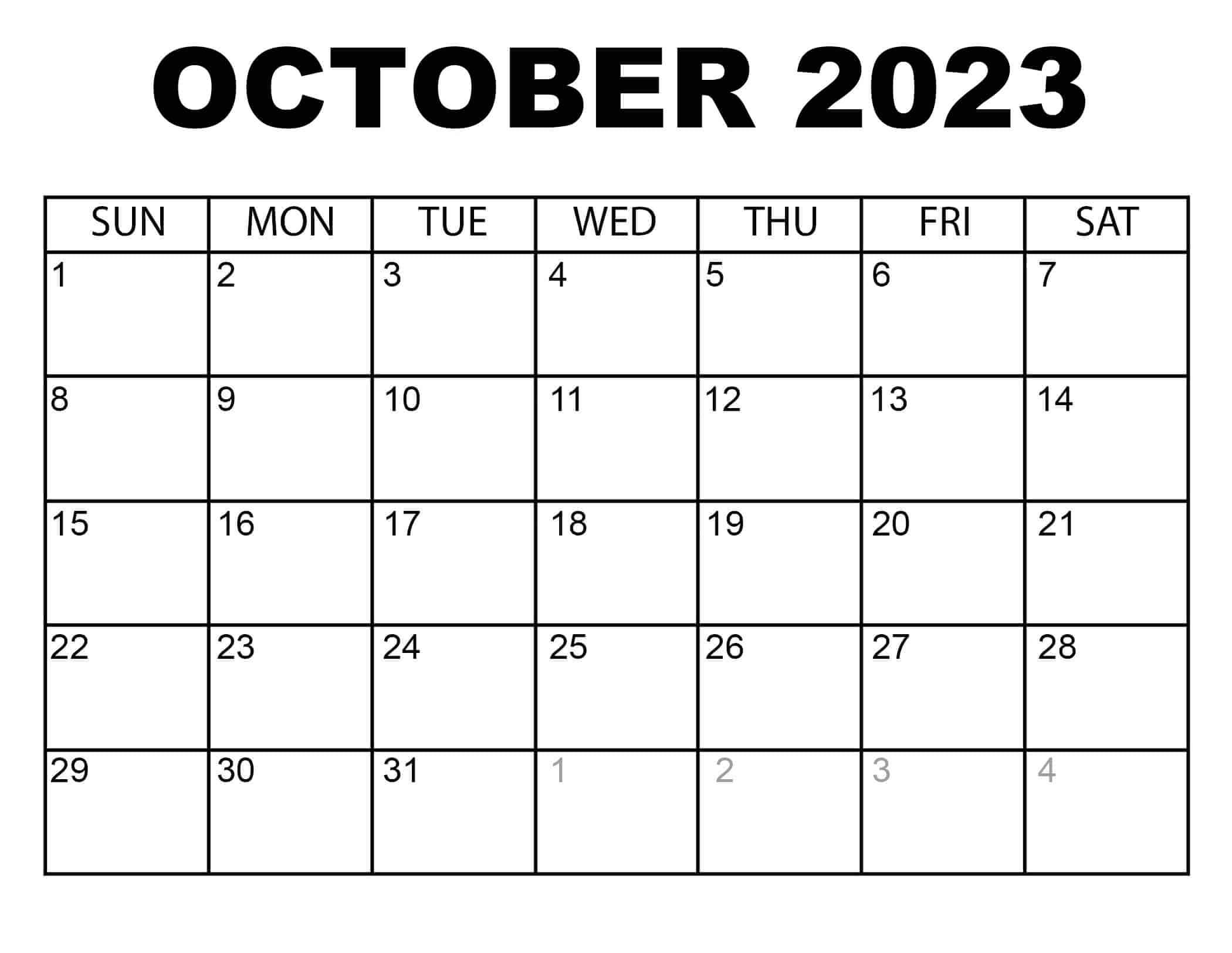 October 2023 Calendar Excel