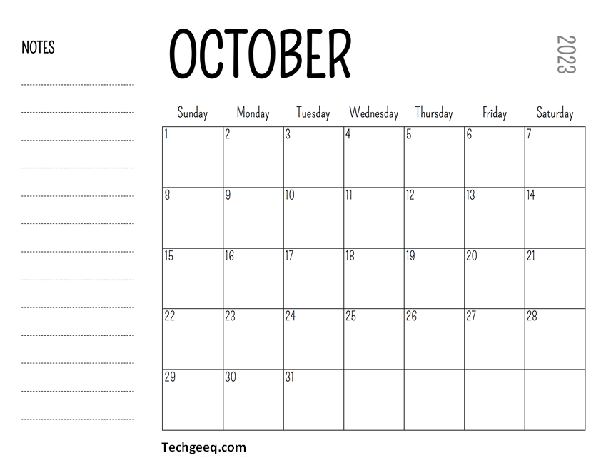 October 2023 Calendar with Notes