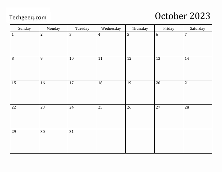 October 2023 Calendar word