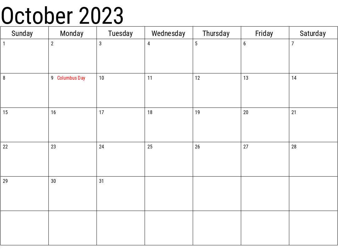 October 2023 Holidays Calendar Template