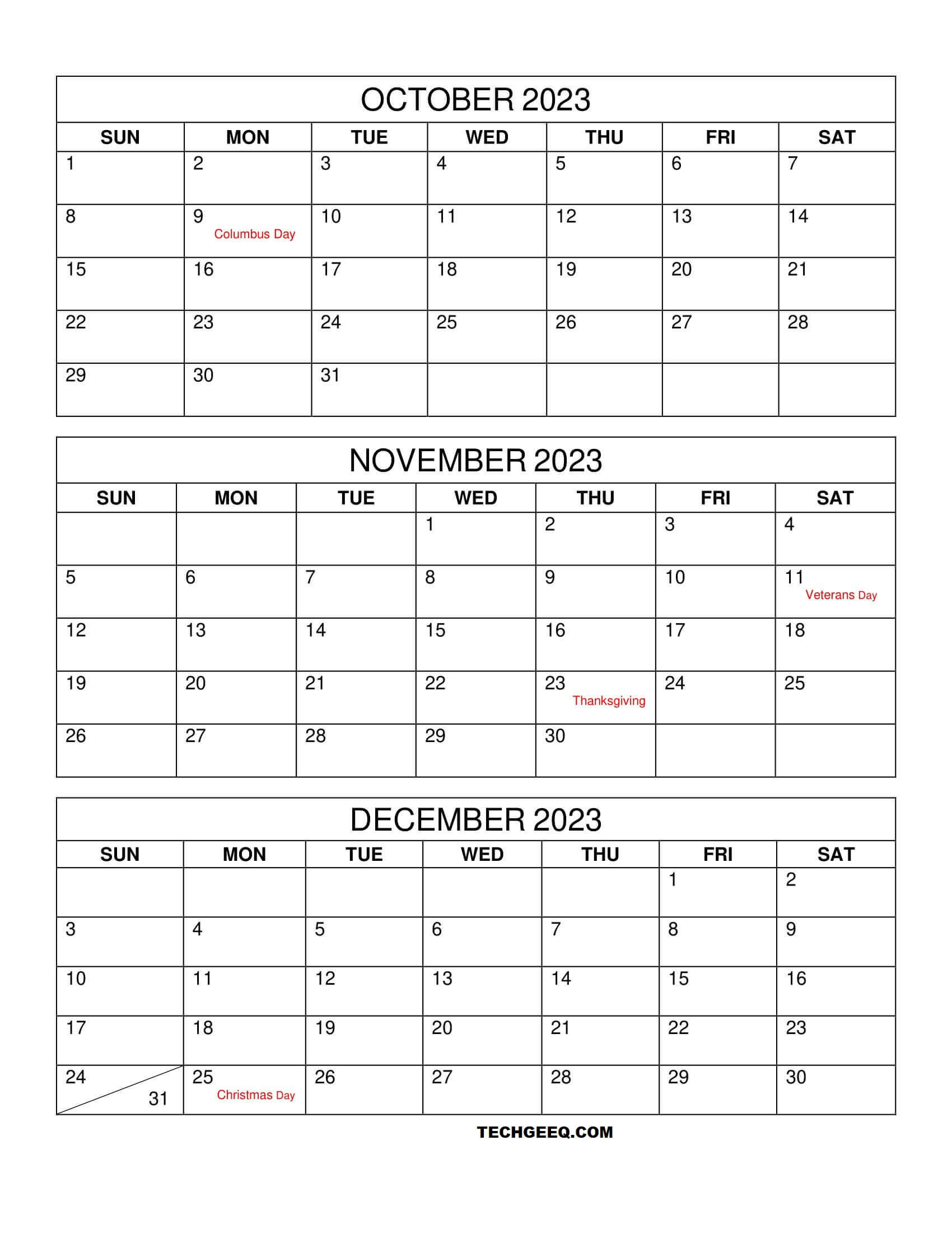 October November December 2023 Calendar with Holidays