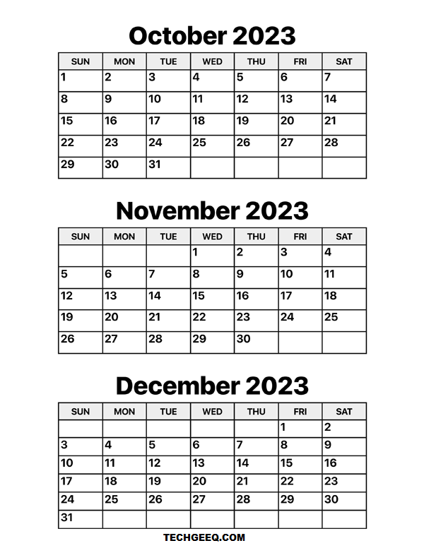 October November December 2023 Calendar