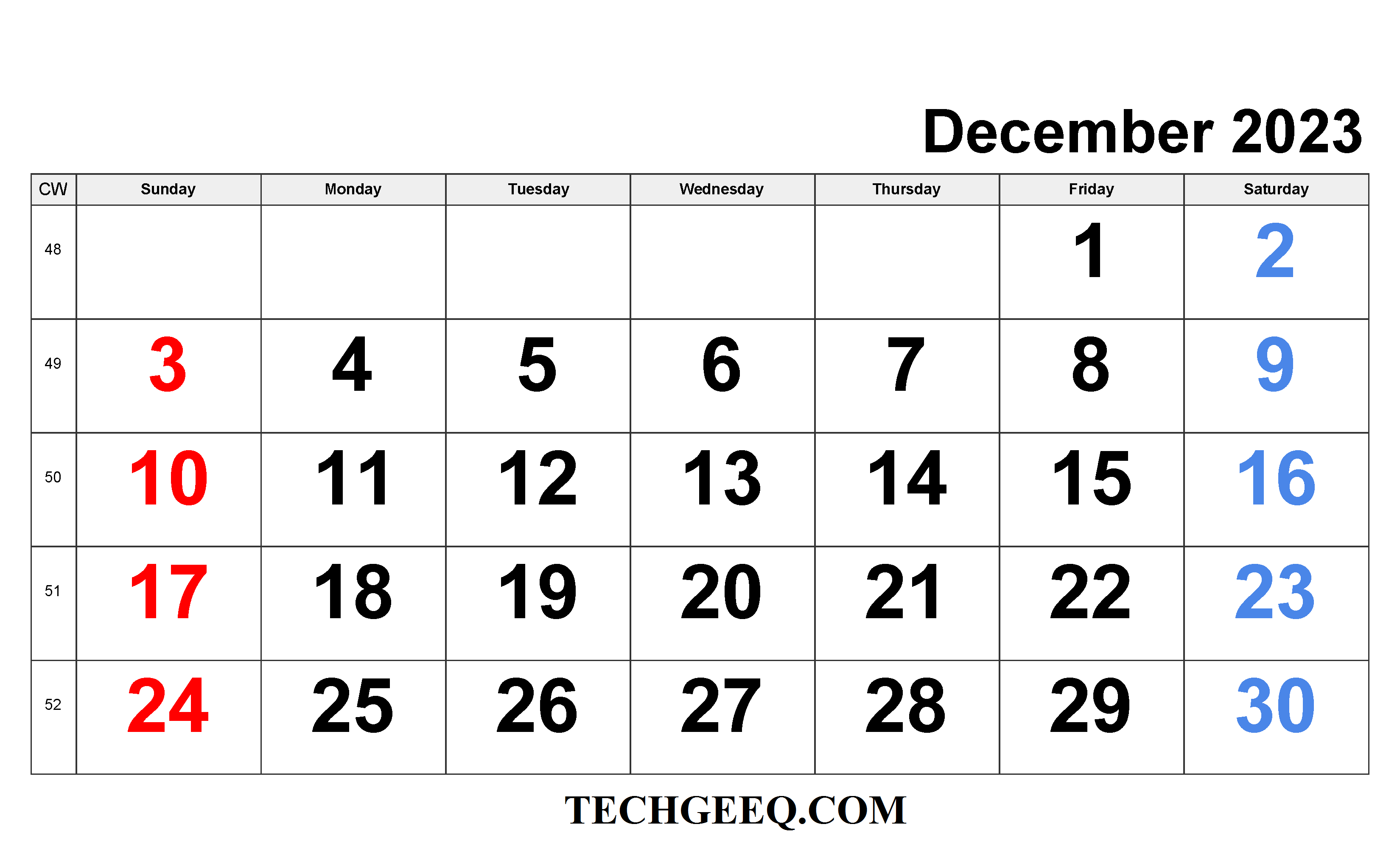 Print Dec 2023 Calendar Landscape