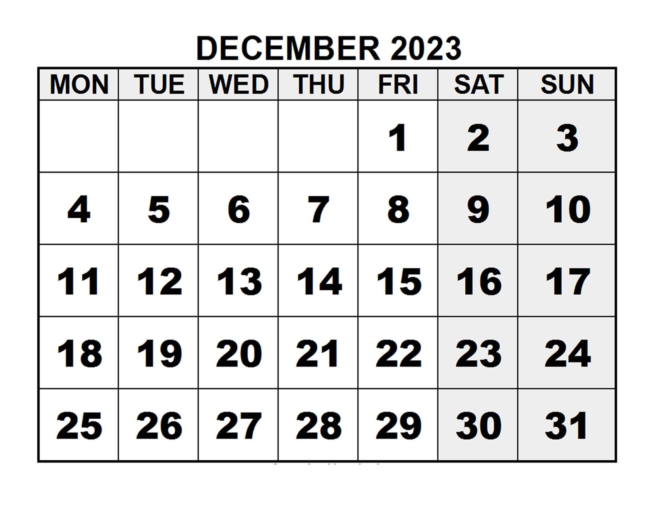 Print December 2023 Calendar A4 Size