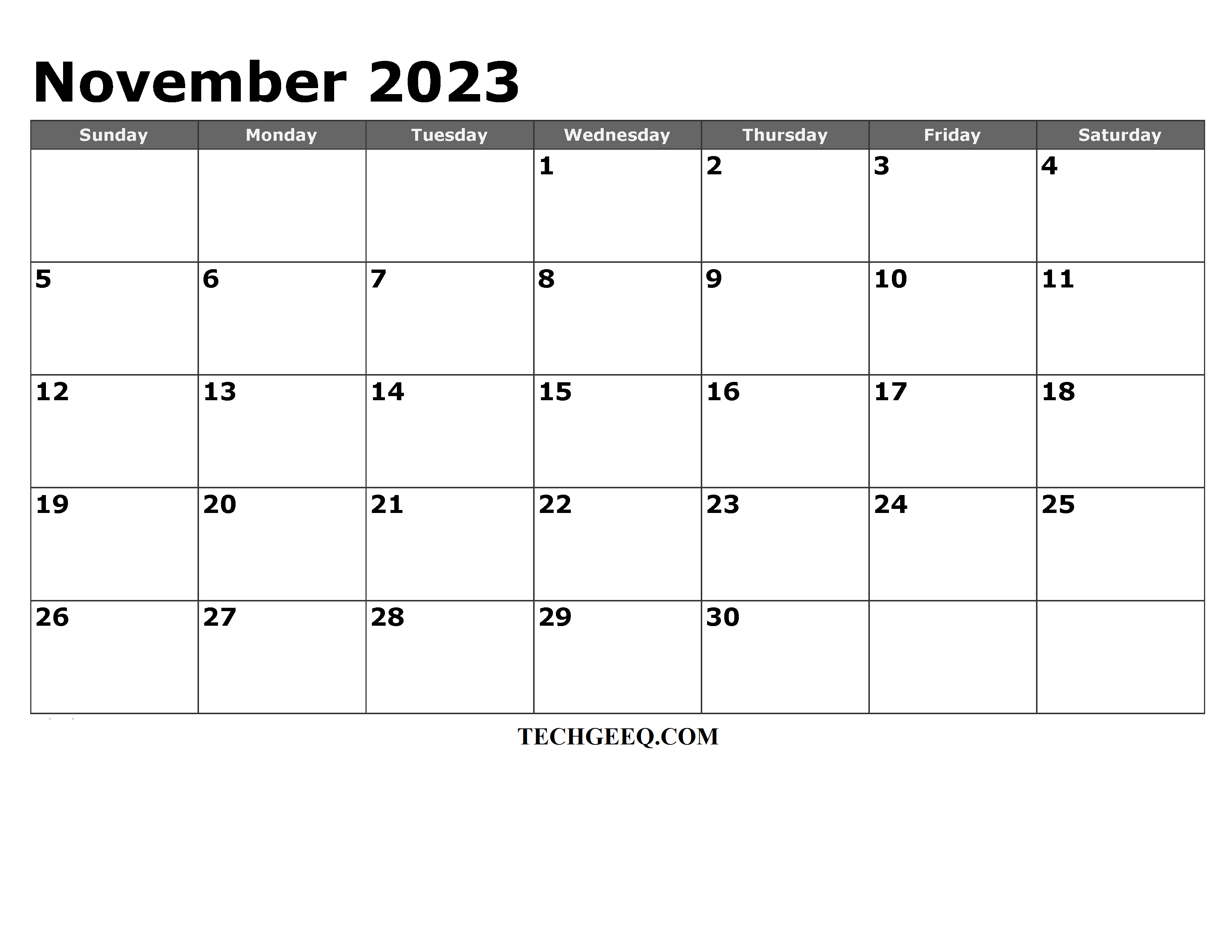 Print Nov 2023 Blank Calendar Landscape