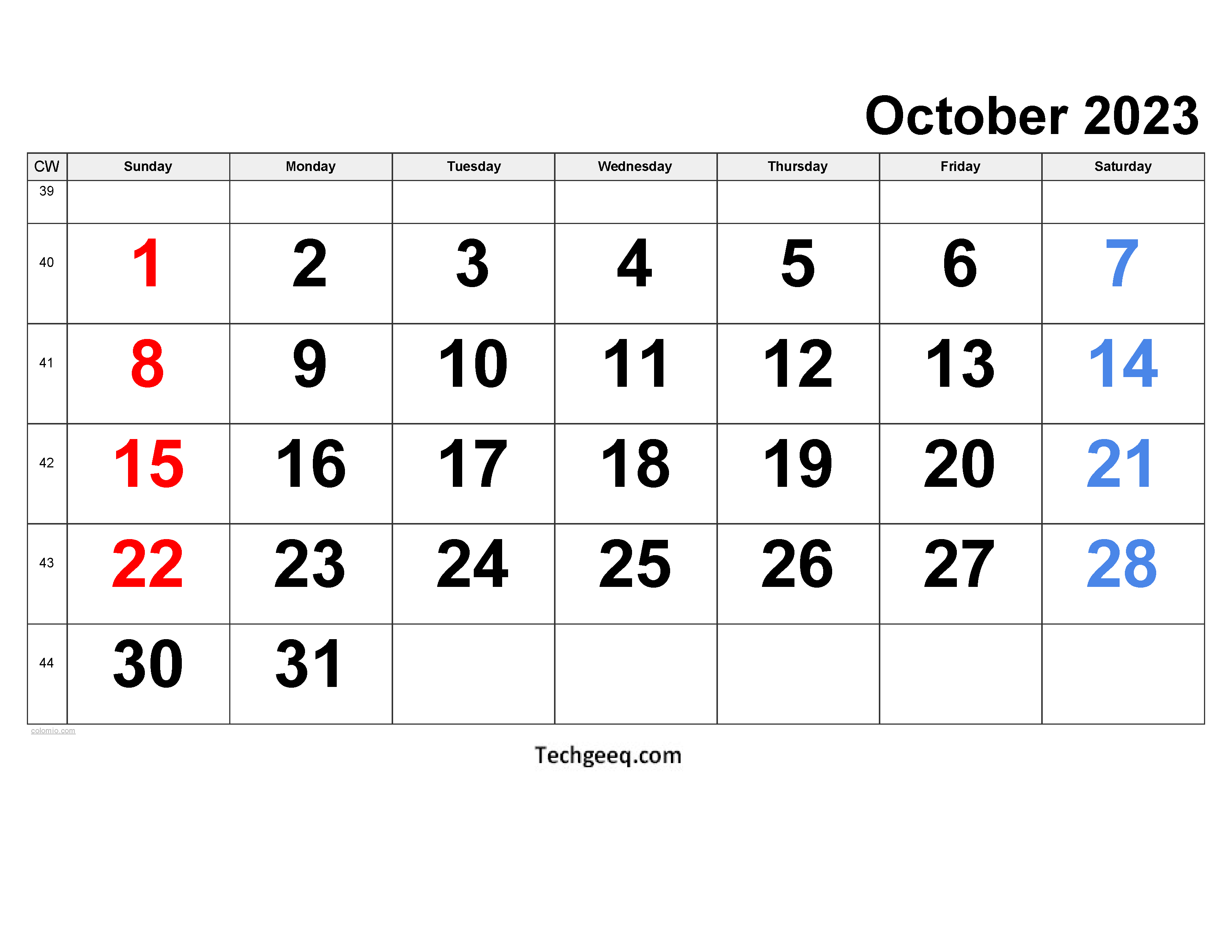 Print Oct 2023 Calendar Landscape