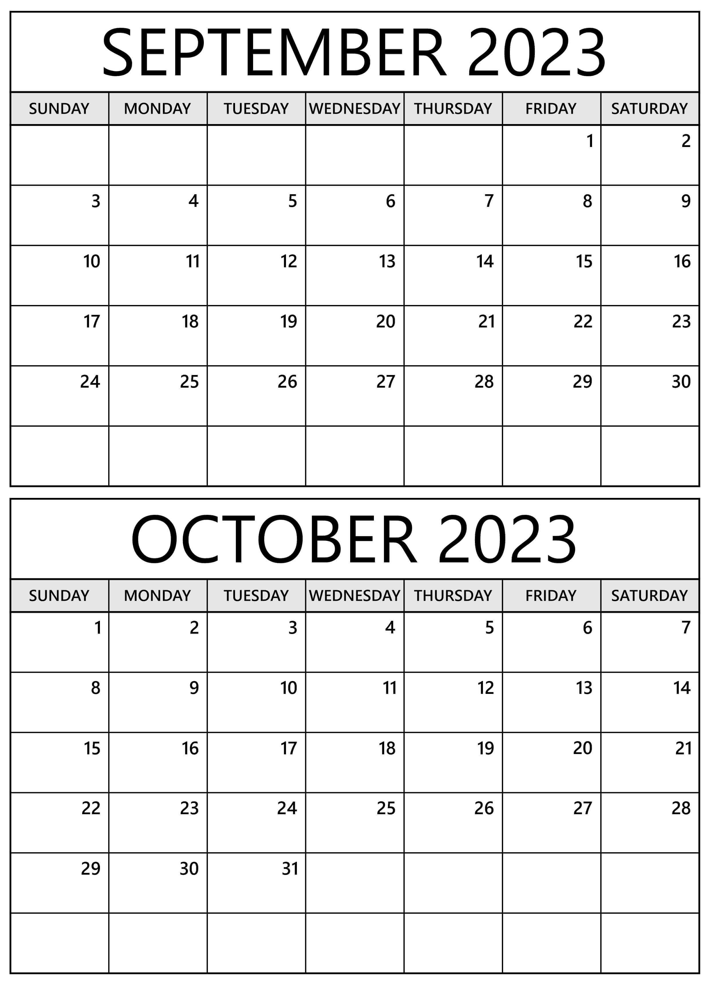 Print September October 2023 Calendar Portrait