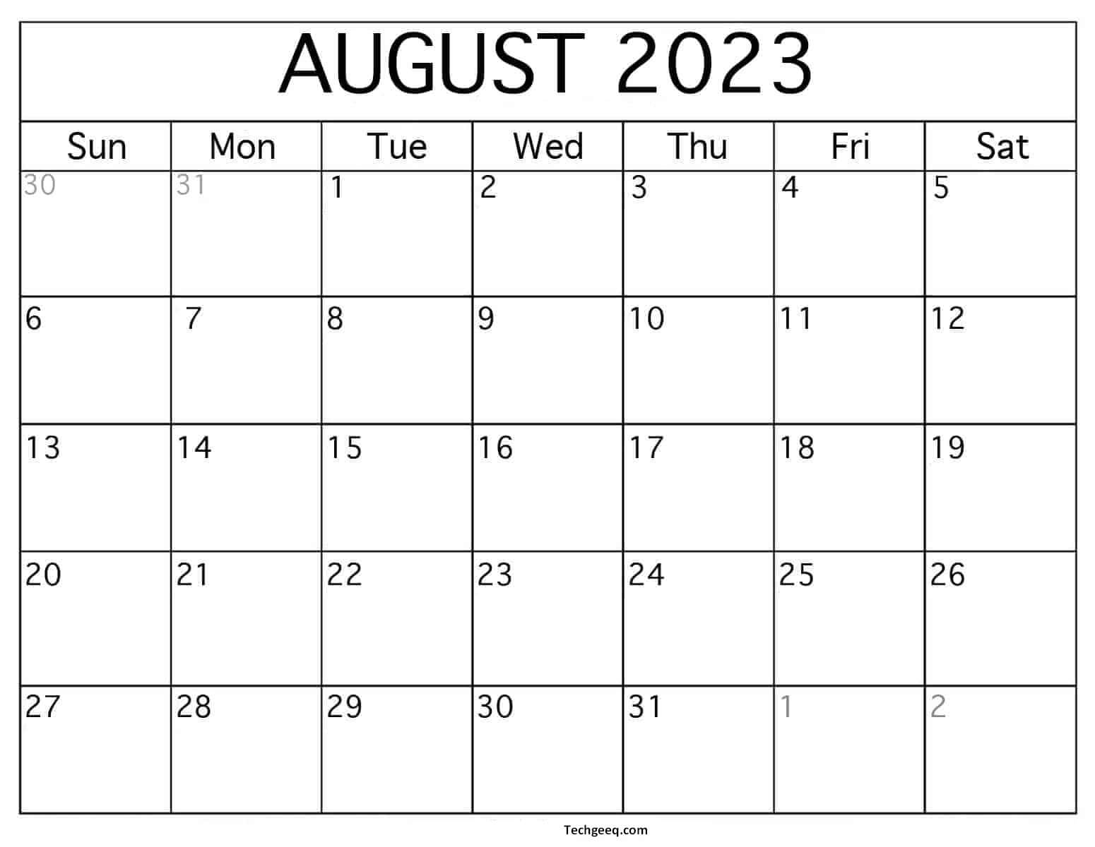 Printable Calendar August 2023