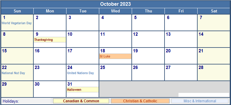 Printable Calendar October 2023 Holidays