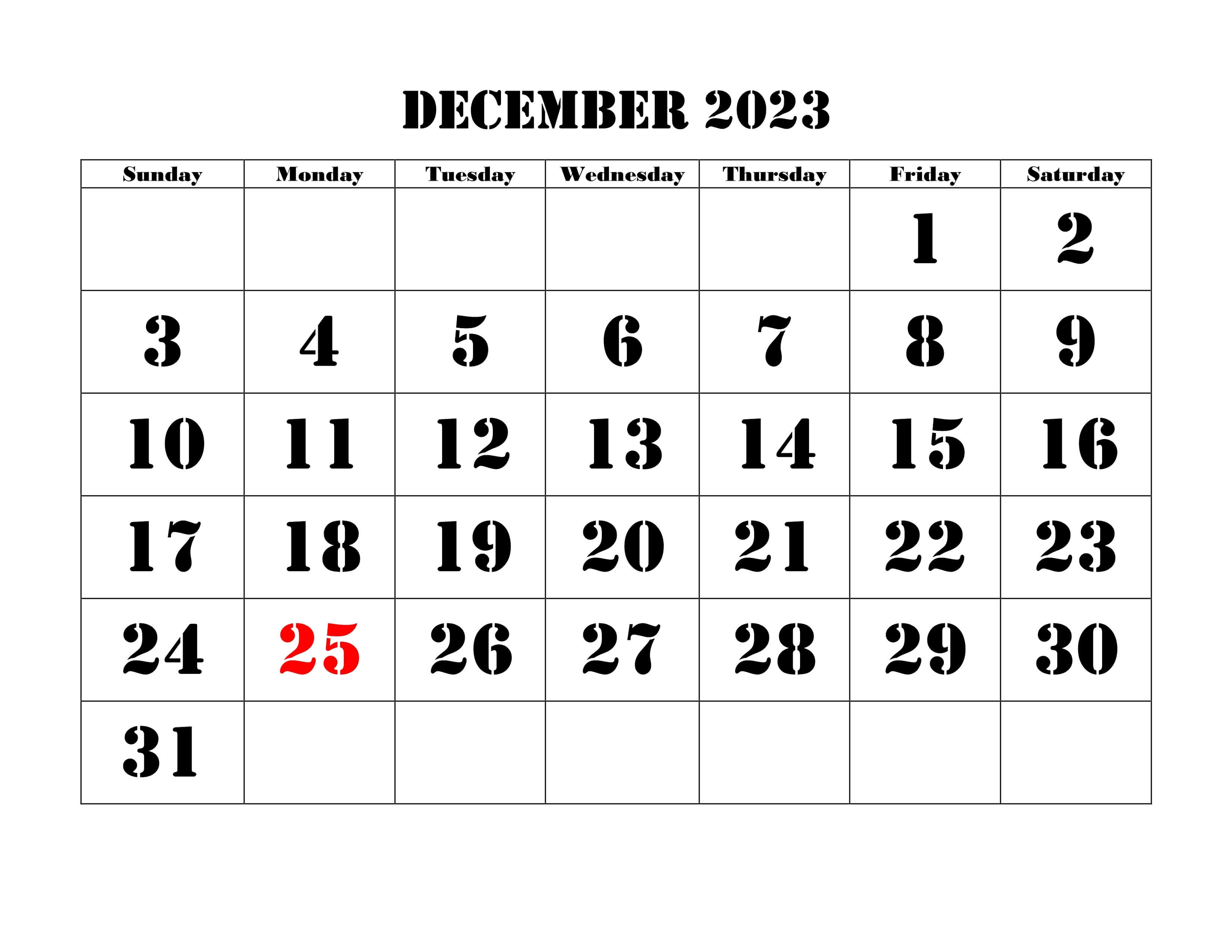 Printable December 2023 Holidays Calendar