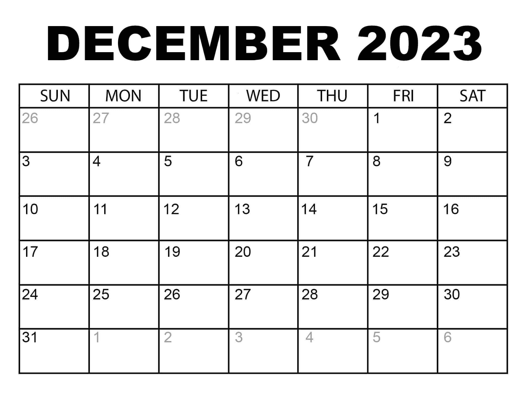 Printable December Calendar Blank 2023