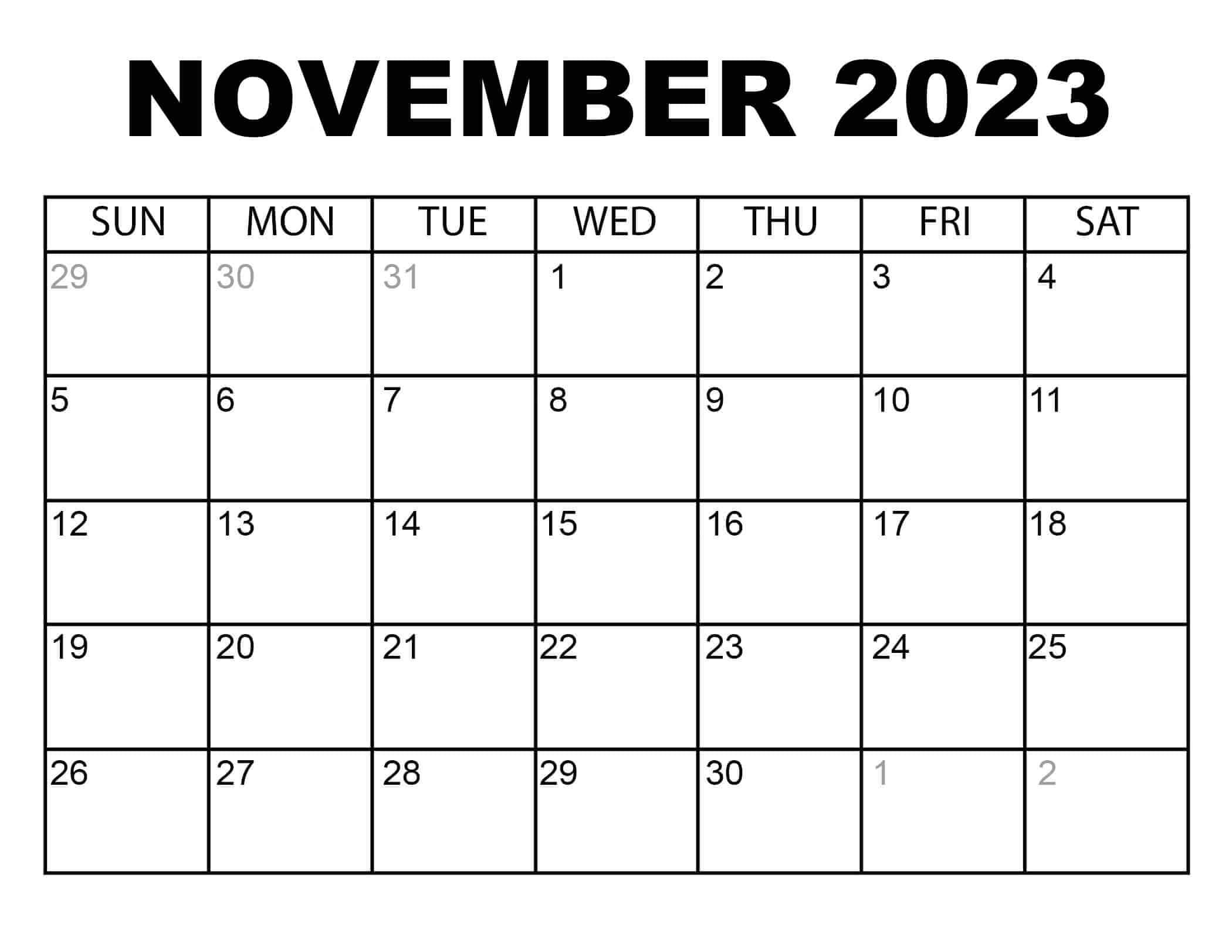 Printable November 2023 Calendar Monthly