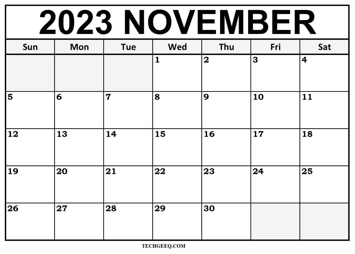 Printable November Blank Calendar 2023