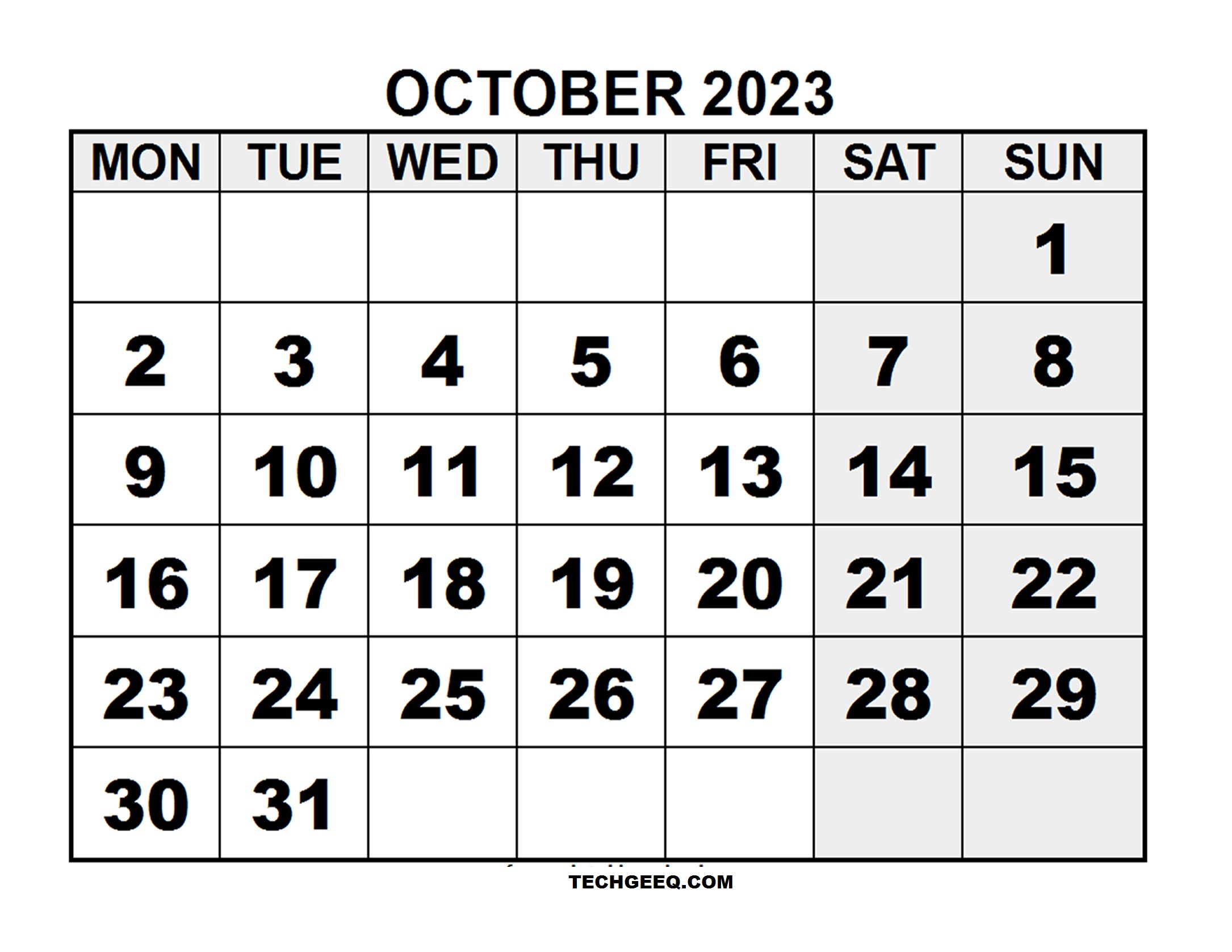 Printable October 2023 Blank Calendar
