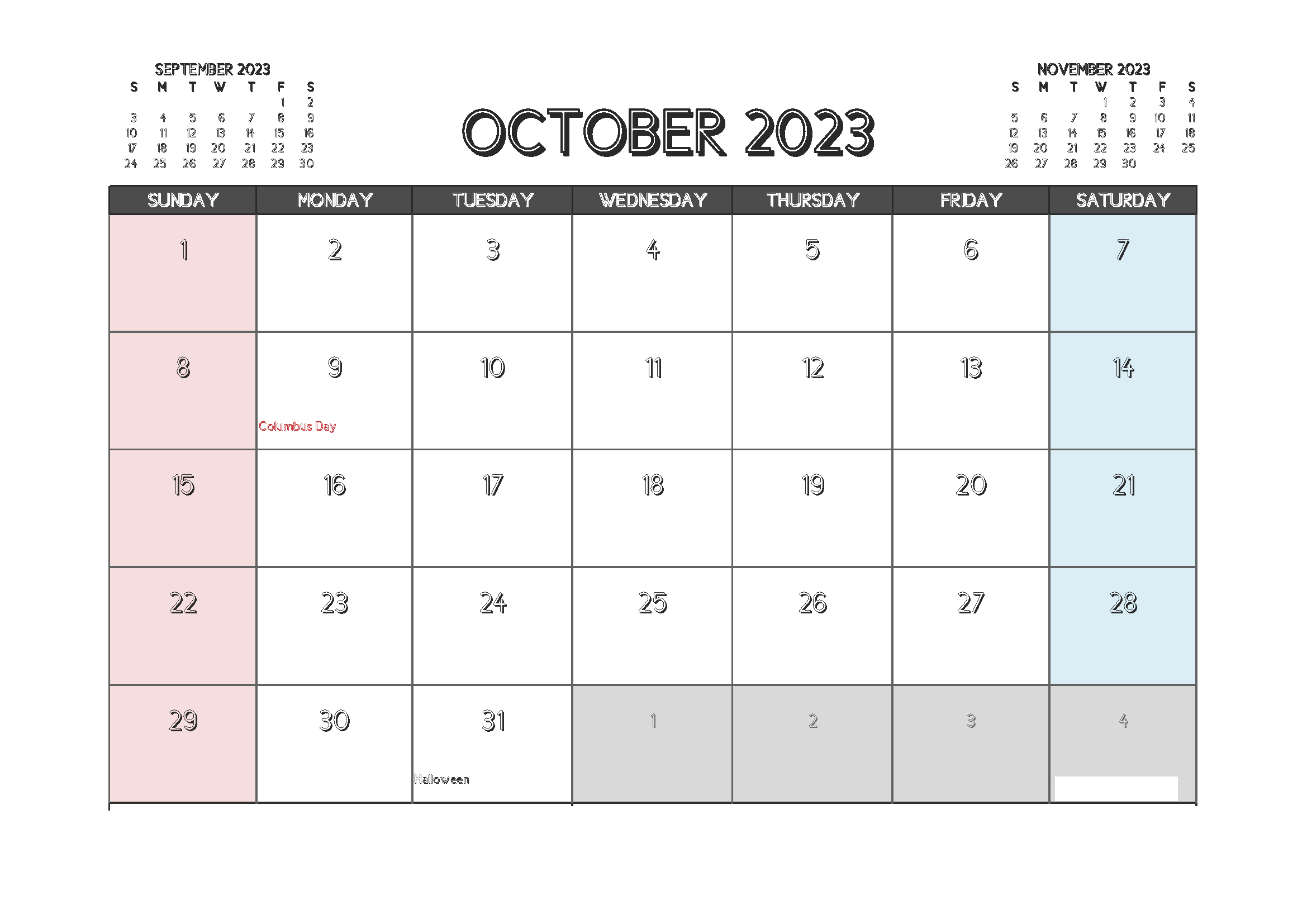Printable October 2023 Holidays Calendar