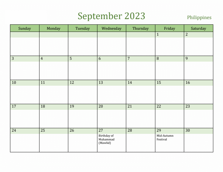 September 2023 Calendar with Holidays Philippines