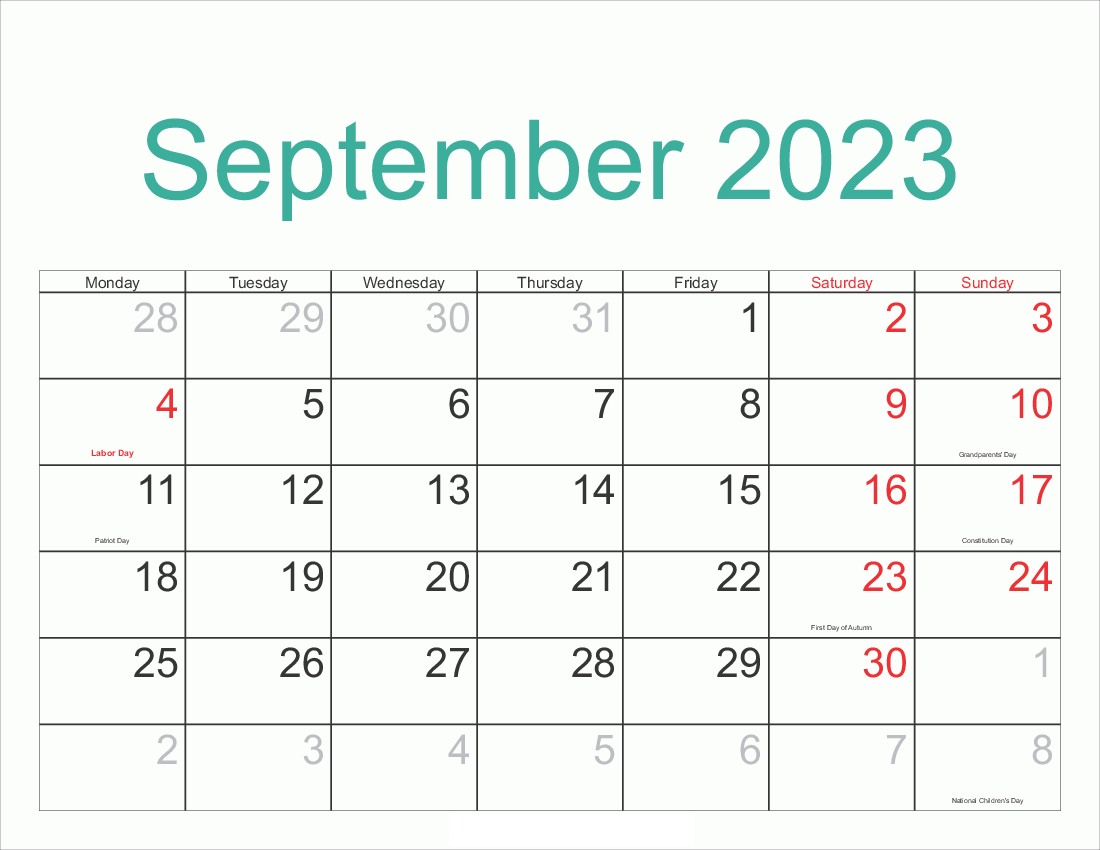September Holidays Calendar 2023