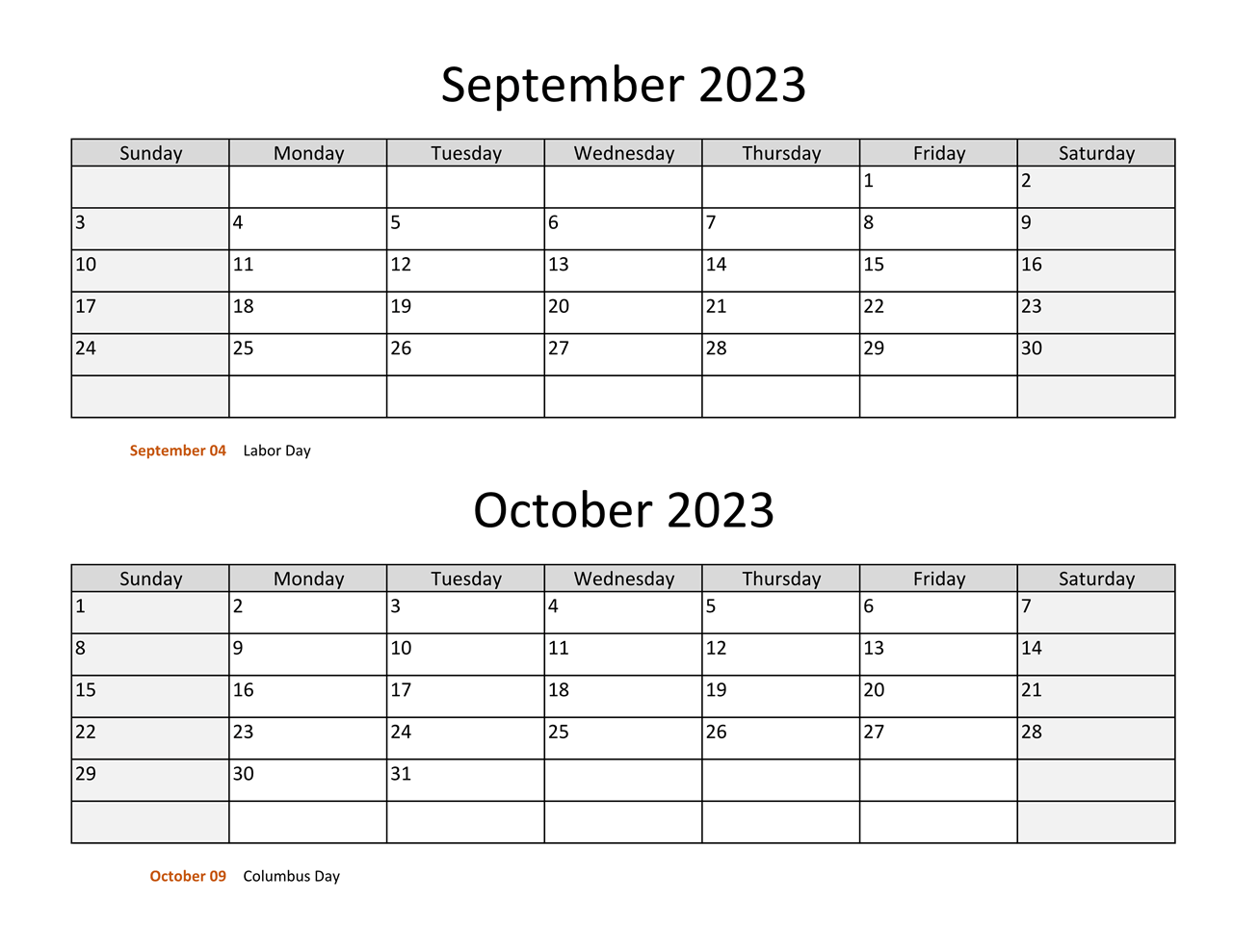 September and October 2023 Calendar