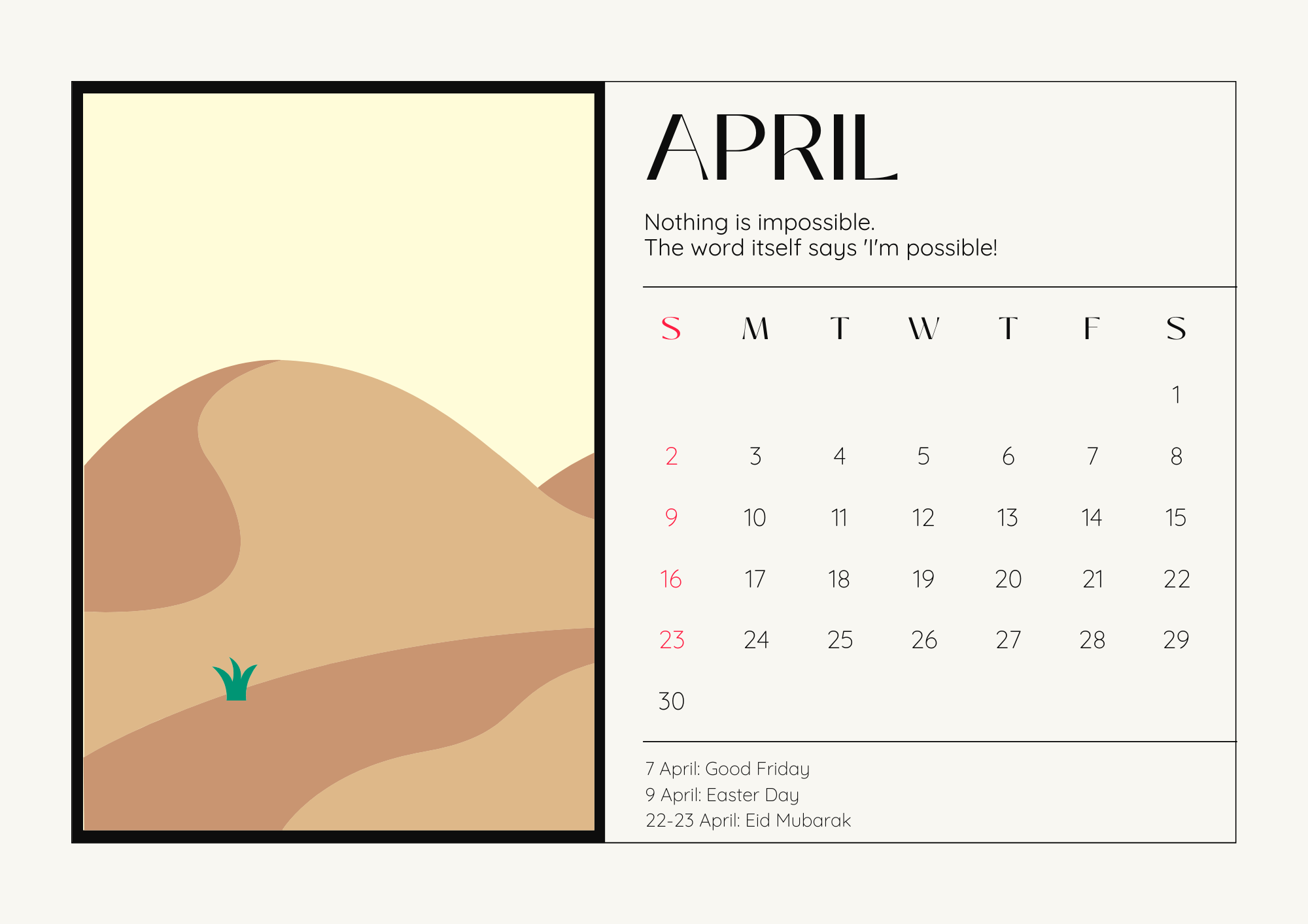 Beige Colorful Illustration April 2023 Wall Calendar