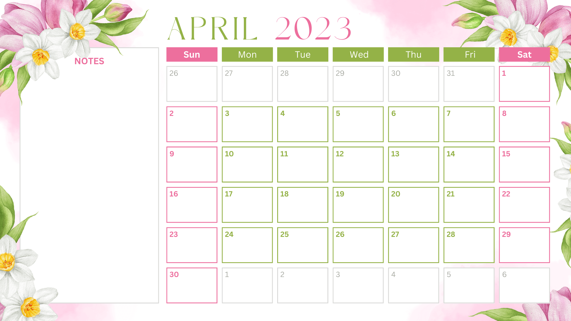 Green Pink Floral Watercolor Illustration April 2023 Monthly Calendar