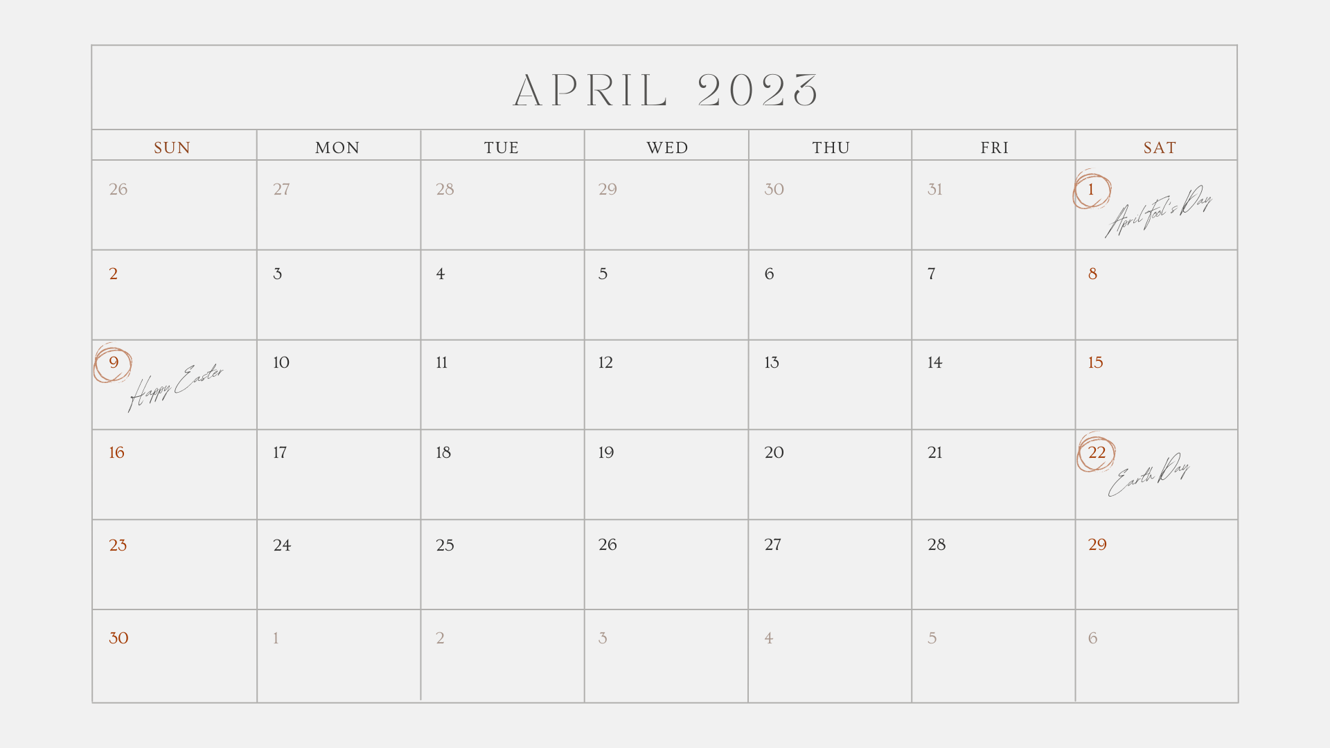 Ivory Neutral Minimalistic April 2023 Calendar
