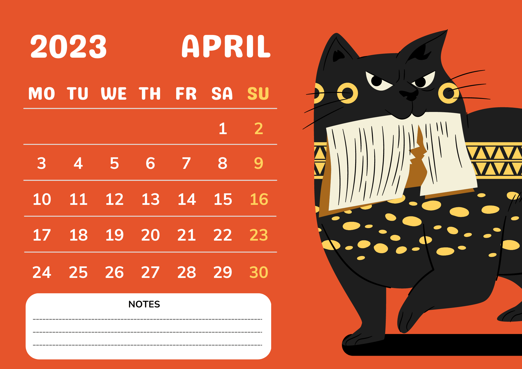 Orange and Black Simple Illustrated April 2023 Wall Calendar