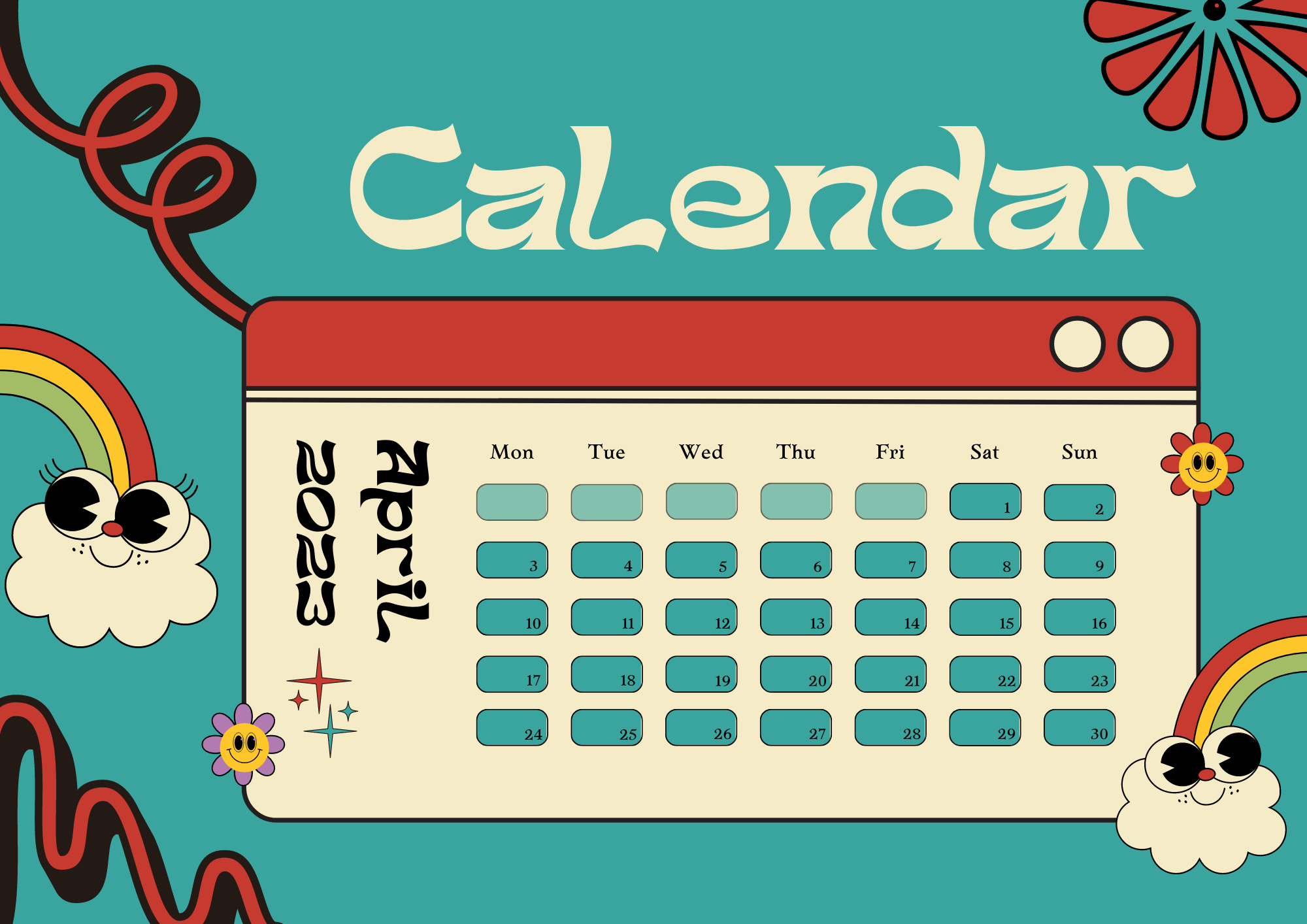 Tosca and Red Retro Illustration Flower Wall Calendar