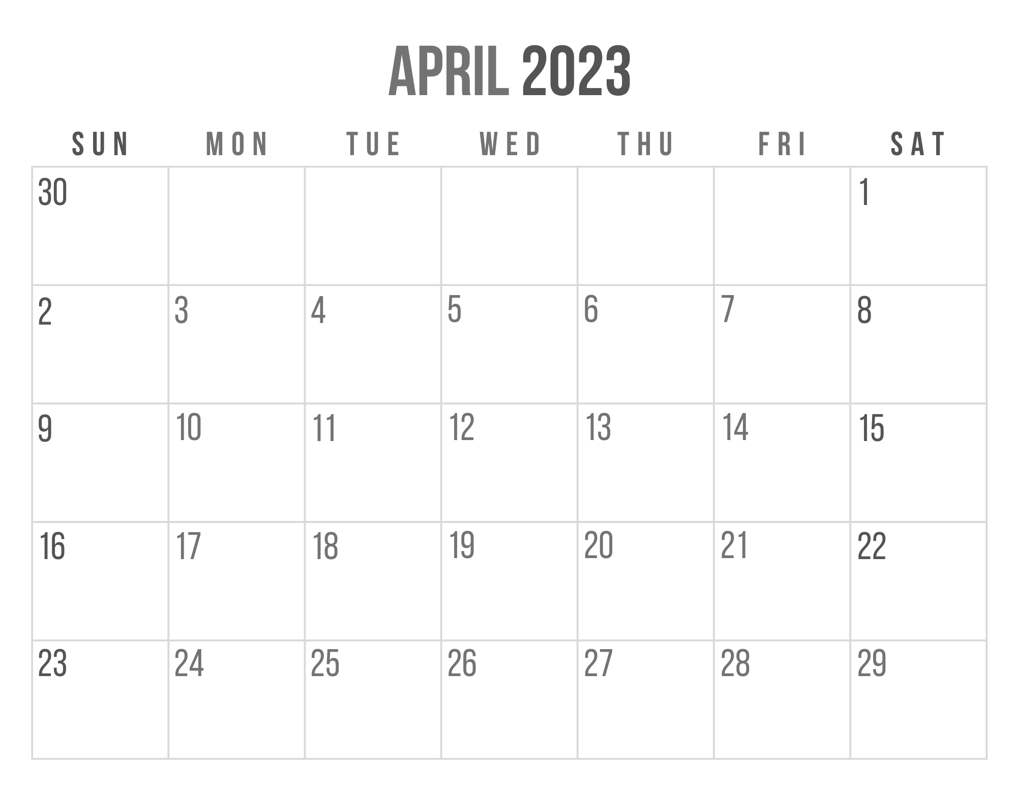 White Grey Simple Modern April 2023 Monthly Calendar